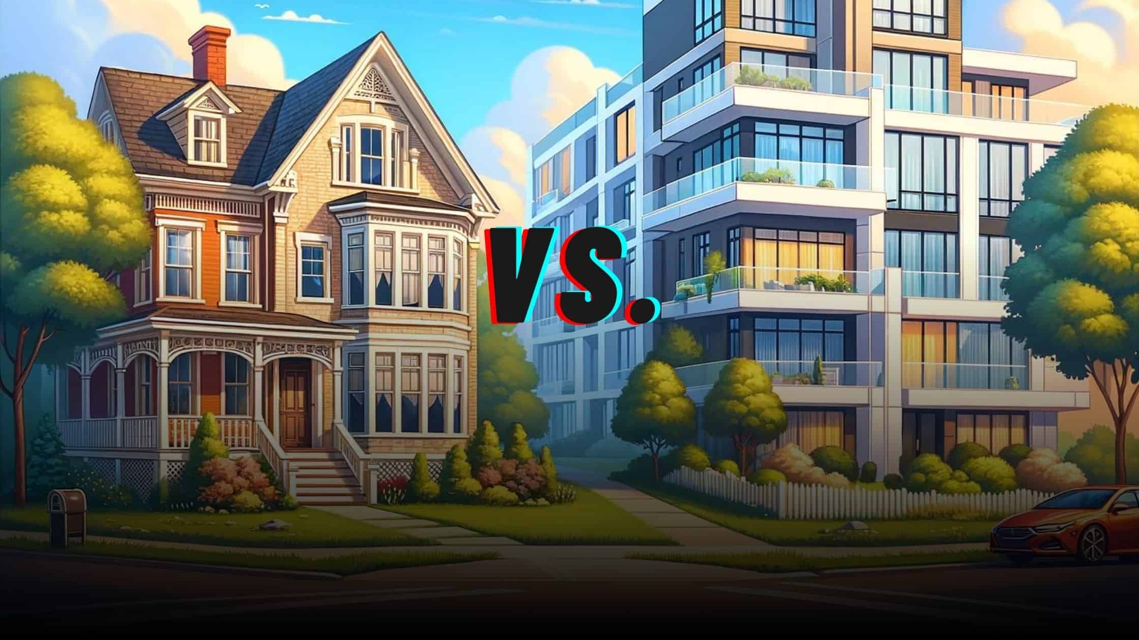 Graphic of a townhome next to a condominium with the word vs between them